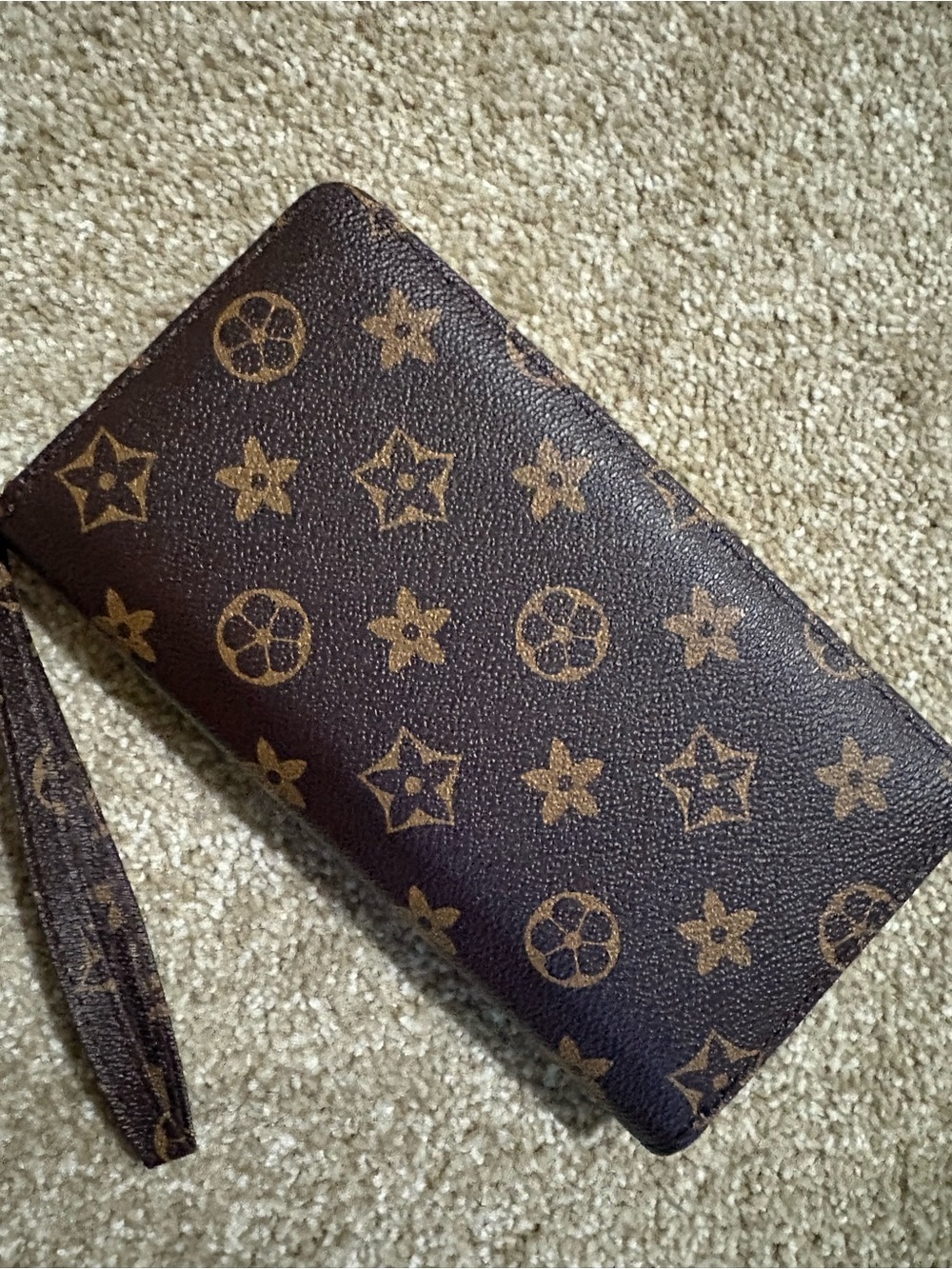 Monogram Pattern Brown Zip Wristlet Wallet